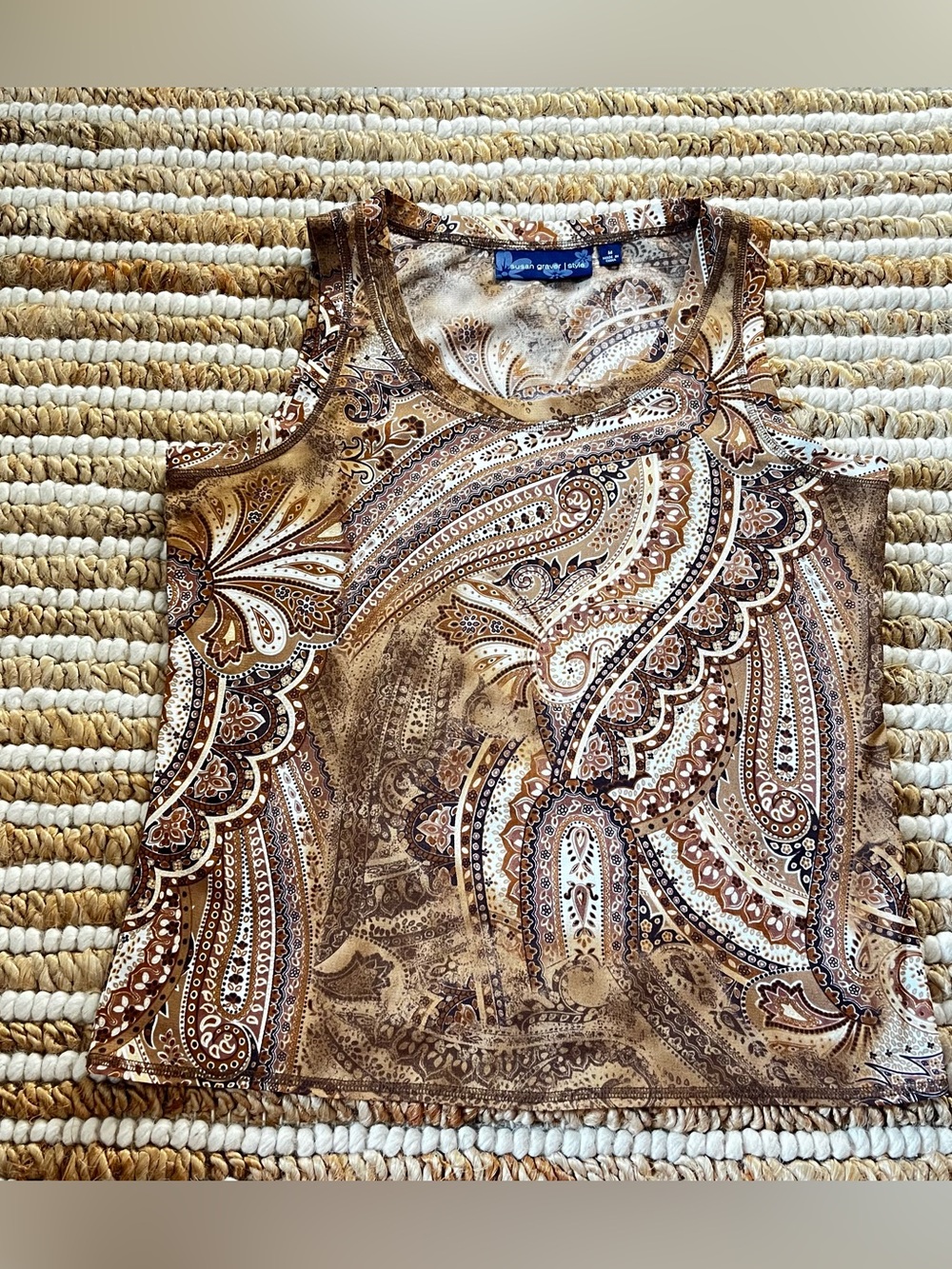 Vintage Blue Sky Brown Paisley Thick Mesh Tank Top - Brown Paisley Women's Top